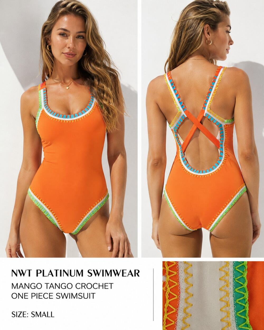 NWT Platinum Swimwear Mango Tango Crochet One Piece Swimsuit Orange Size Small